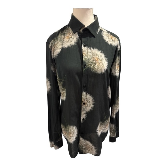 REISS Apache - Mens Dandelion Print Organic Cotton Shirt in Black Slim Fit Sz L - Picture 2 of 11